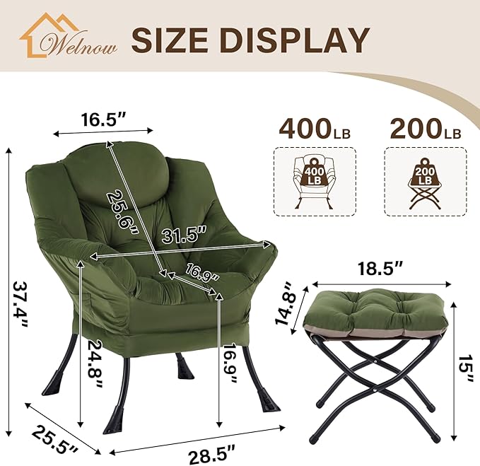 Welnow Lazy Chair with Ottoman Modern Reading Accent Chair with Armrests and a Side Pocket Leisure Upholstered Lazy Sofa Set with Footrest for Small Space Army Green