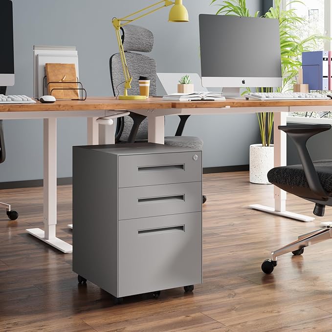 Dripex 3 Drawer File Cabinet Mobile File Cabinet with Lock on Wheels Letter/Legal Size Fully Assembled Modern Small Short Vertical Metal Rolling Filing Cabinets Under Desk for Home Office (Grey)