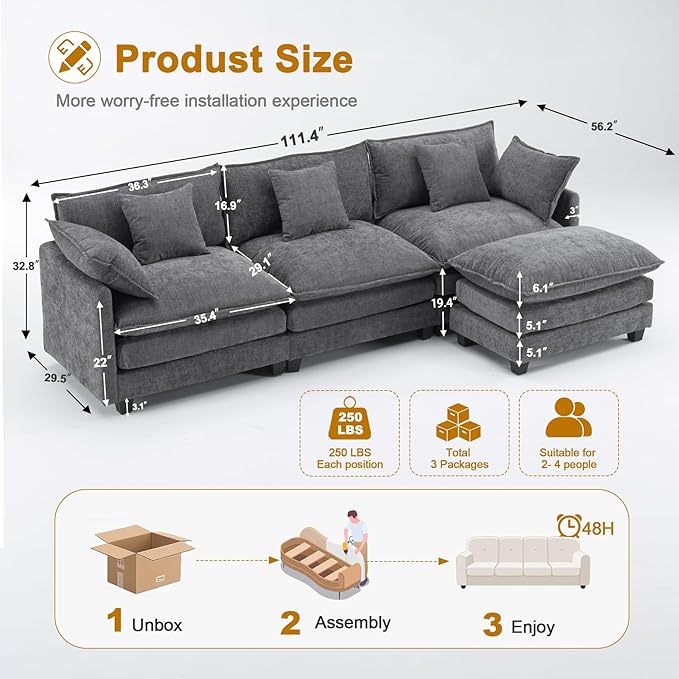 111.4 L-Shaped Cloud Chenille Sofa Sectional Couch with Reversible Chaise Flexible 3+1 Layout for Large Spaces Deep Seat and Free Pillows Included