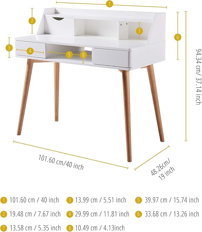 Teamson Home Creativo Writing Study Computer Desk with Solid Wood Legs Storage Drawers and Open Shelves Hutch for Home Office Living Room Reading Bedroom 37 inch Height White