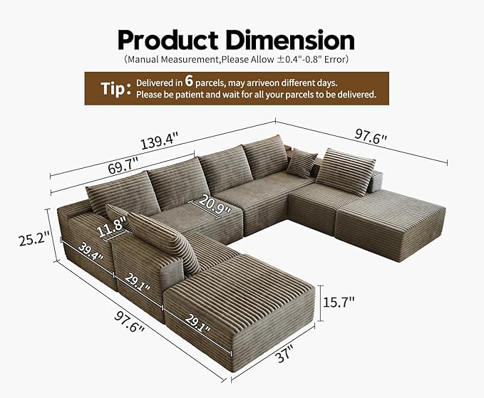 139.4 Modular Sectional Sofa Couch Oversized U-Shaped Minimalist Couches with 2 Ottomans Chaise and 2 Middle Seats Modern Deep Seat Cloud Plush Corduroy Sofas Set for Living Room 8 Seater Camel