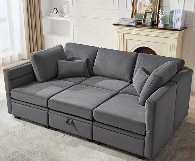 asunflower Modular Sectional Sleeper Sofa with Seats Storage Velvet Modular Sofa Couch with Reclining Arm and Back 6 Seater Storage Couches for Living RoomRemovable CoversPillows