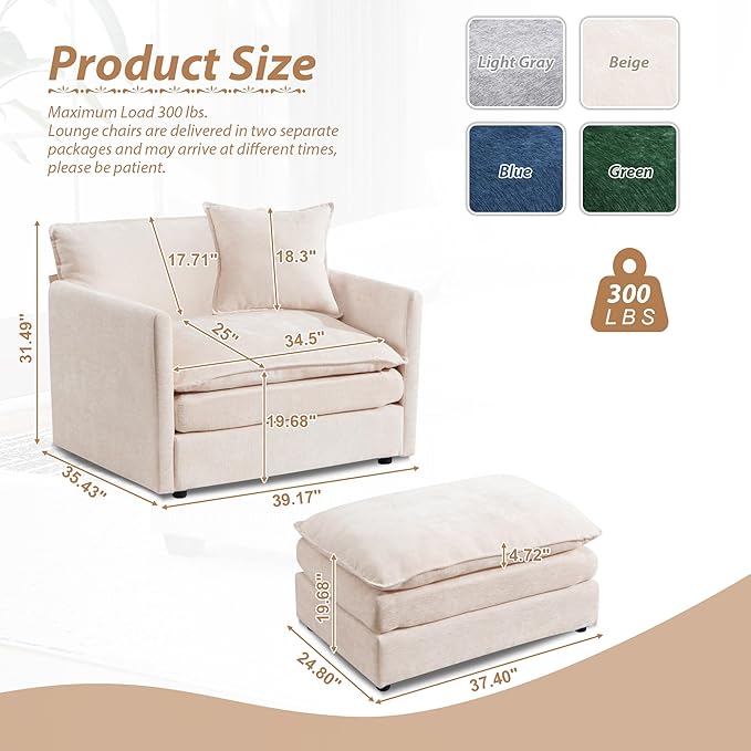 TTK Oversized Chaise Lounge Chair with Ottoman - 39.17 Wide Modern Sleeper Sofa for Living Room Bedroom &amp Office - Deep Seat Sectional Couch with Pillow Comfortable Reading Chair (Beige 39.17