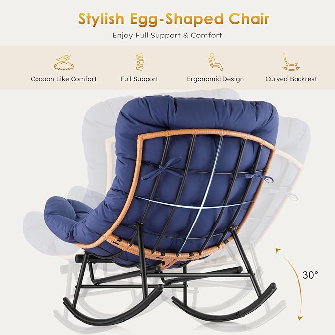 GAOMON Papasan Rocking Chair with Foot Rest Papasan Chair with Thick Removable Cushion and Metal Frame Lounge Chairs and PE Rattan Rocker for Patio Garden Lawn Living Room and Relaxation Space
