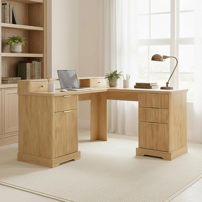 L Shaped Home Office Desk with Drawers Wood Corner Computer Desk with File Cabinet and Storage Shelf Executive Work Study Writing Table with Power Outlets and Monitor Stand 59 Inch Natural Wood