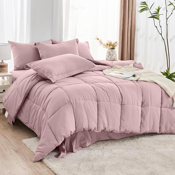 JOLLYVOGUE Queen Comforter Set Ultra-Soft Bed in a Bag Queen Size 7 Pieces Oeko-TEX Certified Bedding Set with Down Alternative Comforter Sheets Pillowcases &amp Shams Camio Pink