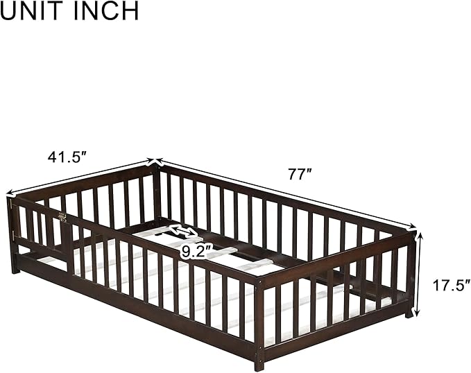 Bellemave Twin Floor Bed Frame with Slats and Safety Guardrail Wood Twin Size Montessori Floor Bed with Door and Fence Easy Assemble Montessori Beds for Kids Girls Boys Espresso