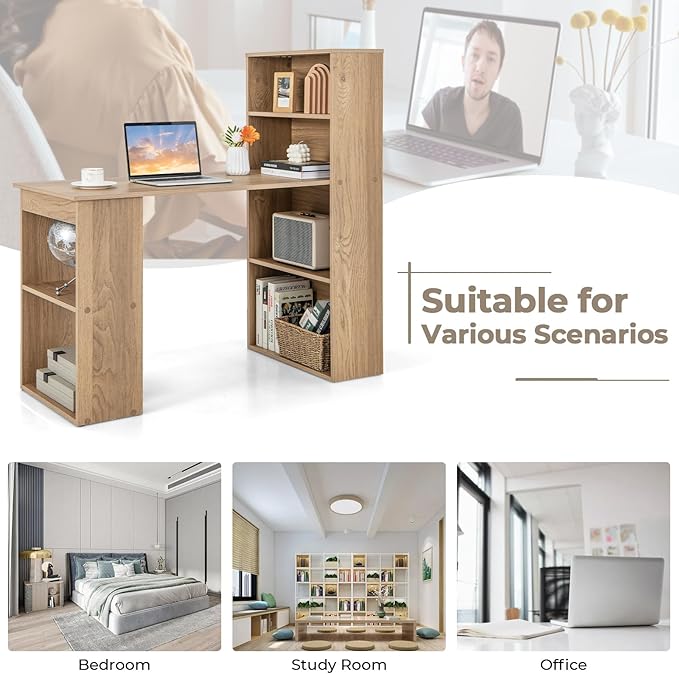 GRAFFY Computer Desk with 6 Storage Shelves - 48 Reversible Writing Desk Workstation with Bookshelf and CPU Stand Modern Compact Office Desk for Bedroom Study Home Office (Natural)