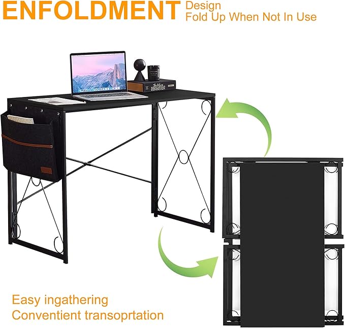 VECELO 39 Inch Folding Desk Simple Assembly Desk Writing Computer Desk for Home Office Study Office Desk Foldable Table for Small Spaces Black