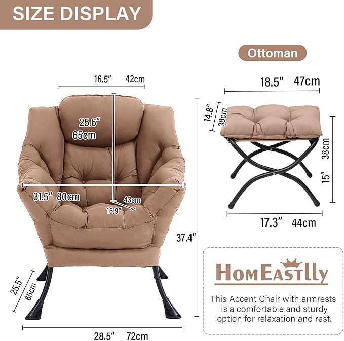 Lazy Chair with Ottoman Large Khaki Accent Chair with Ottoman Comfy Reading Armchair Leisure Sofa Chair for Living Room Bedroom Dorm Room Office