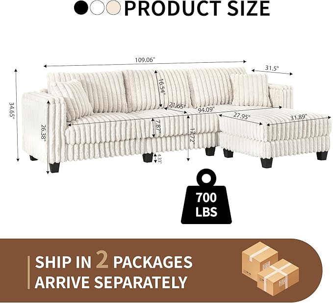 AVZEAR L Shaped Faux Rabbit Fur Fabric Sectional Couch Modern Cloud Modular Sofa with Movable Ottoman and 2 Pillows Small Sectional Convertible Couch for Living Room Bedroom and Apartment White