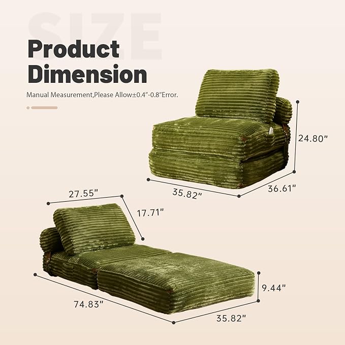 Folding Sofa Bed Convertible Sleeper Chair with Pillow Foldable Mattress Lounge Chair for Living Room Bedroom Portable Guest Bed Green