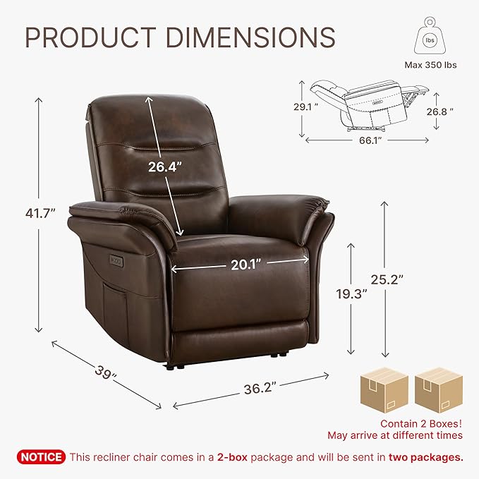 Power Recliner Chair with Adjustable Headrest and Footrest Dual Motor Leather Reclining Chair with USB/Type-C Charging Zero Gravity Modern Electric Recliner for Adults Living Room Bedroom