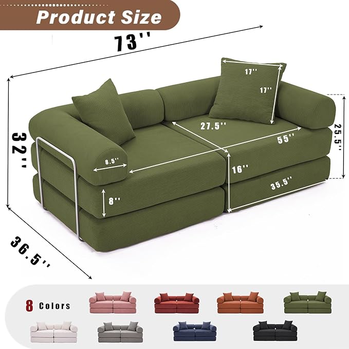 73 Convertible Modular Folding Sofa Bed 5-in-1 DIY Combination Fold Out Sleeper Sofa Bed Loveseat sleeper Couch with Removable Armrests Corduroy Floor Couch Small couches for small spaces Green