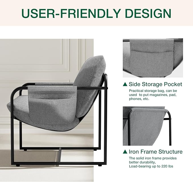 VANSPACE Sling Accent Chair Set of 2 Steel Arm Chair Living Room Chair with Side Storage Pocket Upholstered Armchair with Soft Cushion Bedroom Chair Metal Frame &amp Linen Fabric Cover