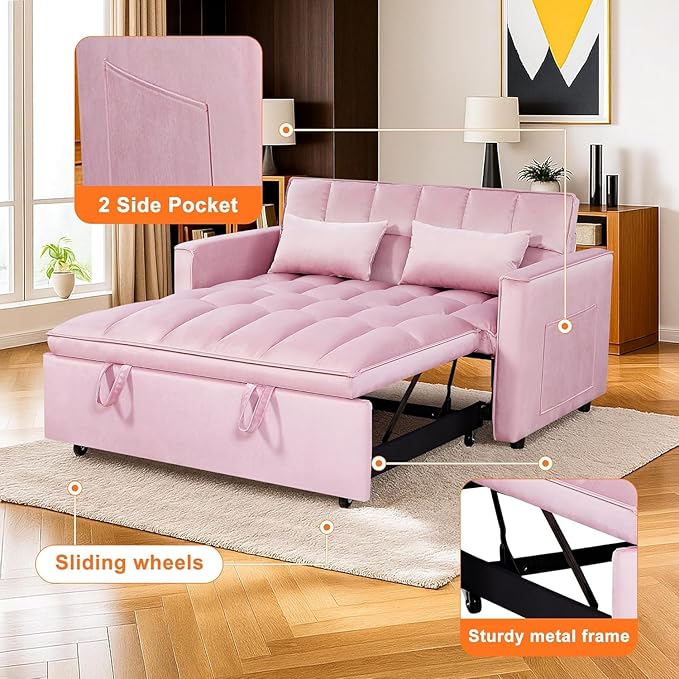 3 in 1 Convertible Sleeper Sofa BedFuton Couch with Pull-Out Bed &amp Adjustable BackrestVelvet Fabric Loveseat Sleeper with Side Pocket for Small Apartment Living Room Office (Pink) | Adjustable