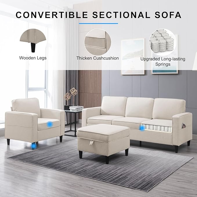 PUREMIND 2 Pcs Sofa Set Couches Set w Wooden Sofa Legs Linen Living Room Furniture w Storage Ottoman Storage Pockets Thicken Cushion Sectional Sofas Includes 3-Seater+ Armchair Beige