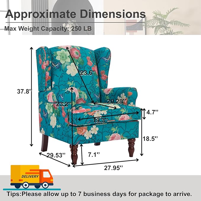 Wing Back Accent Chair Patterned Mid-Century Upholstered Linen Fabric Armchair Single Sofa with Wood Legs for Living Room Patio Cyan.