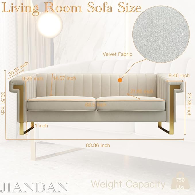 Mid-Century Modern Beige Velvet Sofa with Gold Metal Legs 83.86 Luxury Chesterfield Comfy Cream Couches for Living Room (Velvet Beige)