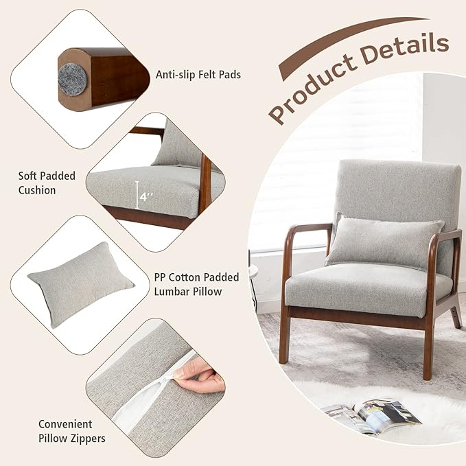 Giantex Modern Accent Chair with Pillow - Comfy Upholstered Lounge Armchair with Anti-Slip Felt Pads Wooden Frame Soft Padded Arm Chairs for Living Room Bedroom Study Grey