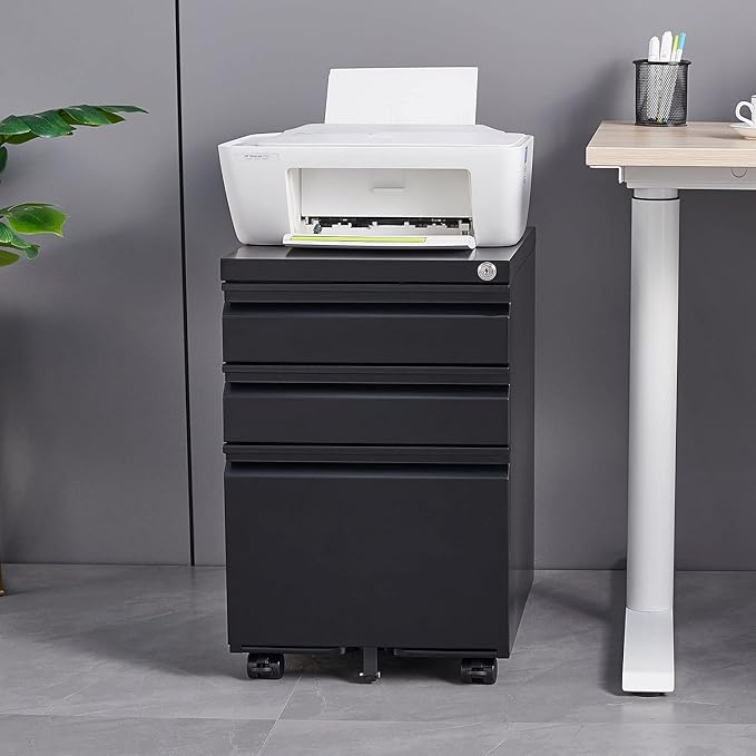 3 Drawer Black File Cabinet with Lock Under Desk Storage Filing Cabinets with Wheels Small Rolling Metal Office Cabinet for Home Office Legal Letter and A4 Files