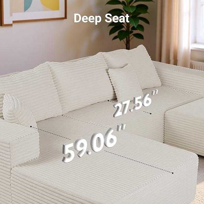 Claiks 110 Boneless Couch Cloud Couch Sectional U-Shape Corduroy Modular Sectional Sofa Deep Seat Upholstered Couches for Living Room No Assembly Required Beige
