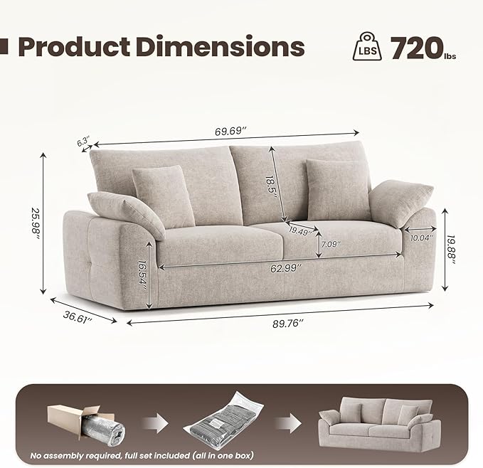 90 Boneless Loveseat Sofa Cloud Foam Couch 3 Seater Upholstered Midcentury Mondern Love Seat Wide Armrest and 4 Pillows for Home Living Room/Small Spaces No Assembly Required Camel