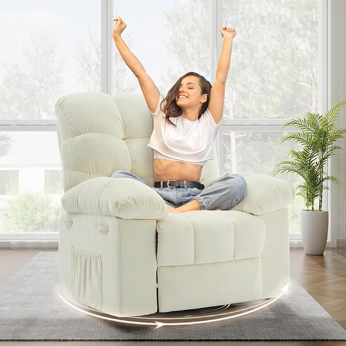 Oversized Swivel Rocker Recliner Chair for Adult360° Swivel Rock Recliner Extra Wide Manual Recliners Chenille Upholstery Overstuffed Soft Rocking Sofa ChairBeige