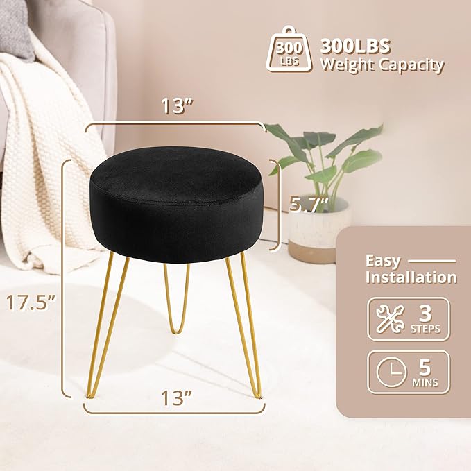 LUE BONA Vanity Stool Black Vanity Stools for Makeup Room Round Ottoman Foot Stool Velvet Footrest Vanity Chair for Bathroom Vanity Bedroom Living Room Entryway Offices