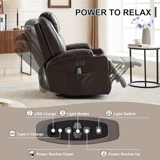 Power Swivel Rocker Recliner Chair for Adults with Heat and Massage LED Lights USB-A and USB-C Ports Electric Glider Recliner Nursery Chair for Living Room (Brown Set of 2)