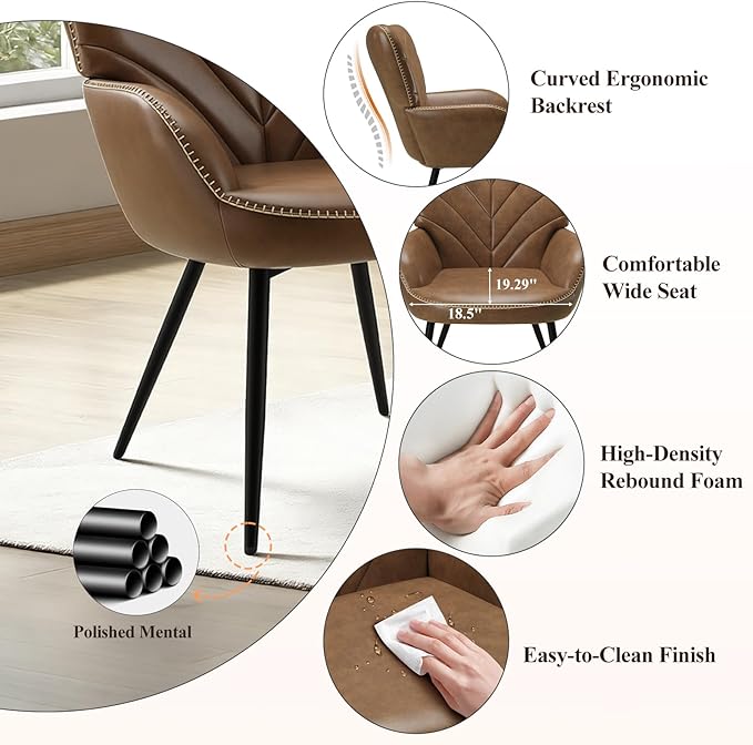 Mid-Century Modern Faux Leather Accent Chair for Living Room Upholstered Armchair with Curved Ergonomic Back High-Density Cushion &amp Metal Legs Lounge Chair for Bedroom/Reading Corner