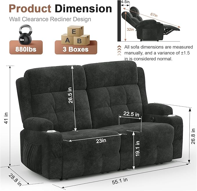 Reclining Loveseat 55.1 RV PU Leather Wall Hugger Recliner Love Seats Sofa with Charging Station Removable Armrest Cup Holder Double Recliners Couch Manual Love Seat for Living Room | Massage Re