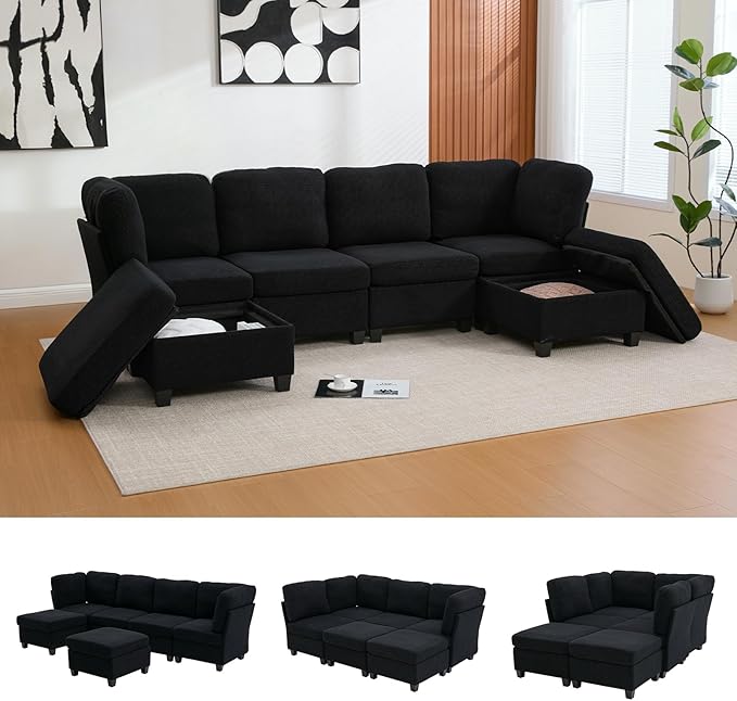 113.39 Modular Sectional Sofa 6 Seaters Sectional Sleeper Sofa U Shaped Couch Comfy Convertible Couches with Ottomans Oversized Modular Sofa with Large Storage for Living Room (Black)