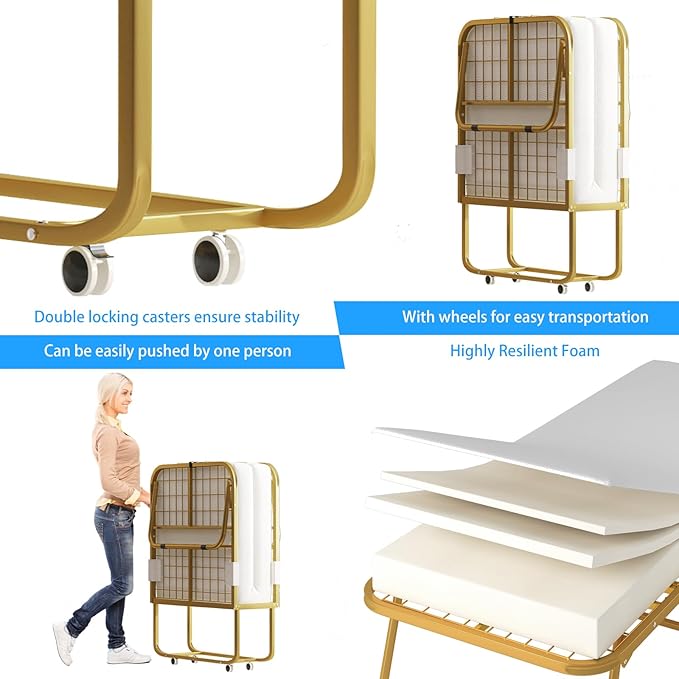 PUREMIND Folding Bed with Mattress for Adults 75”L x 46”W Portable Foldable Beds with Metal Bed Frame Single Portable Roll Away Guest Beds for Bedroom Living Room Office
