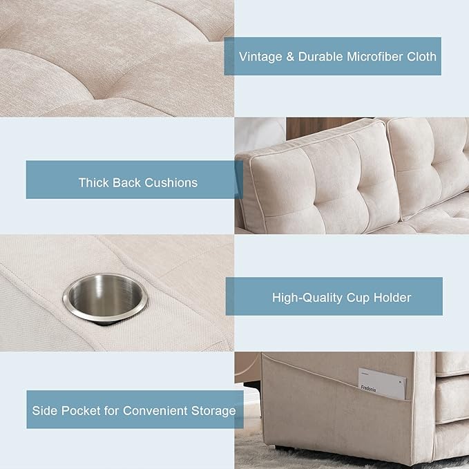 VINGLI Upgraded 64 W 84 L Full Size Futon Sofa Bed 6 Thick Upholstery Chenille Loveseat Sofa Sleeper Pull Out CouchConvertible Floor Couch for Living Room Bedroom Entertainment Room Beige