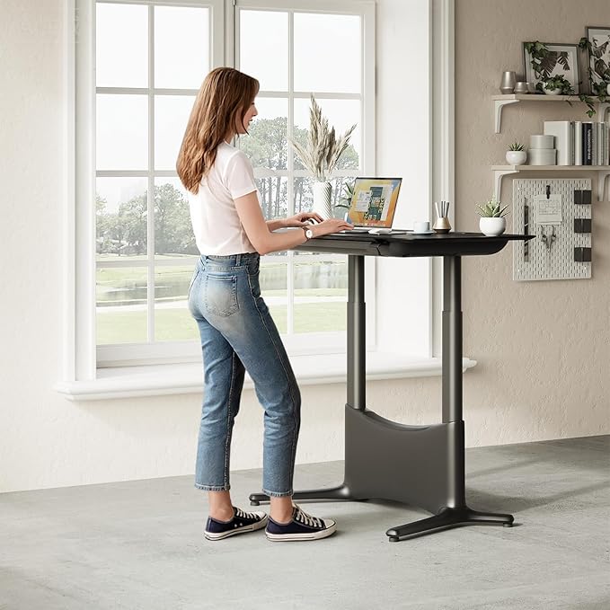 COLAMY Electric Adjustable Standing Desk – 48 x 28 Inch Sit Stand Desk with Drawer &amp Cable Management Dual Motor Lift System Ergonomic Footrest Home Office Table (Veneer Desktop Black Oak + Bl