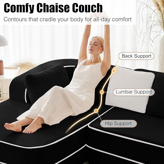 105.9 Modular Sectional Couch Sofa for Living RoomHigh Density Sponge Boneless Sofa with Left ChaiseL-Shaped Cloud Couch with Soft Teddy FabricNo Assembly RequiredBlack