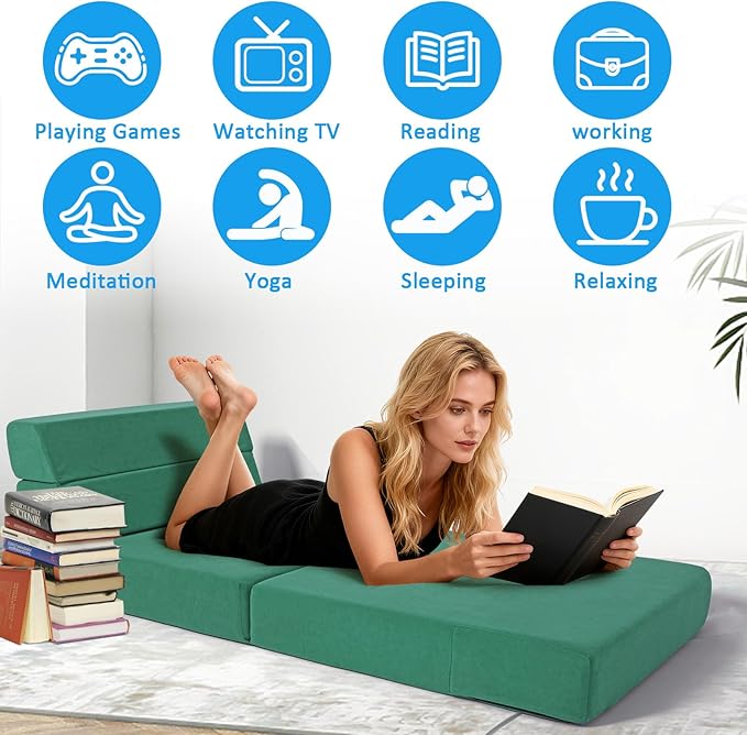 Folding Sofa Bed 4 in 1 Convertible Sleeper Chair with Washable Cover Memory Foam Fold Out Chair Bed Foldable Mattress with Back Support for Living Room Dorm Guest Room Home Office Green | Fold