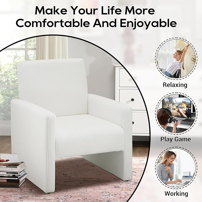 FUNKEEN Mid Century Modern Accent Chair for Living Room Small Comfy Corduroy Reading Chair for Bedroom with Solid Wood Frame 105° Ergonomic Cozy Lounge Armchairs for Adults – White