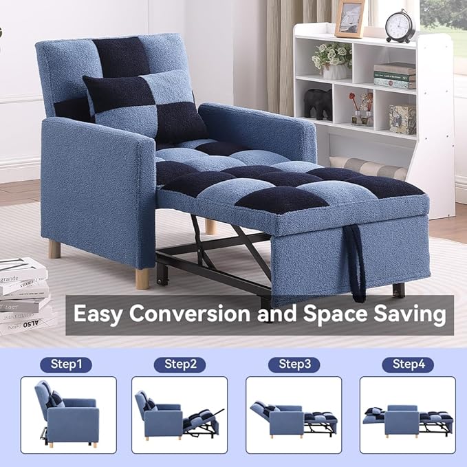 Sleeper Chair Bed - Convertible Single Sofa Chair Bed with PillowPull Out Sleeper Bed with Adjustable BackrestMulti-Functional Lounge Chair with Teddy Fabric for ApartmentLiving Room (Blue)