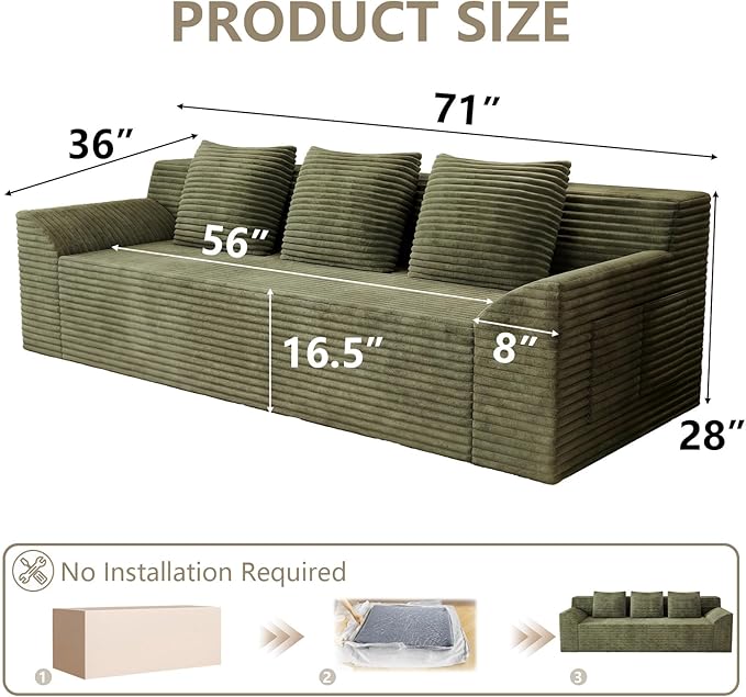 71 Love Seat Couches Corduroy Boneless Loveseat with Deep Seats 2 Seat Couch Apartment Size Couch with 3 Pillows&ampSide Pockets for Bedroom Office No Assembly Required Green
