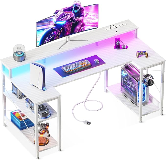 ODK 48 Inch Gaming Desk with LED Lights and Power Outlet U-Shaped Computer Desk with Monitor Stand and Storage Shelves PC Gamer Table for Home Office Carbon Fiber White