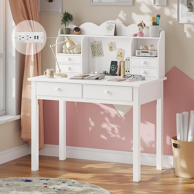 ADORNEVE Small White Writing Desk with Hutch and USB Ports 31.5 inch Home Office Desk with Drawers Study Table for Kids/Student Makeup Dressing Table Save Space Gifts