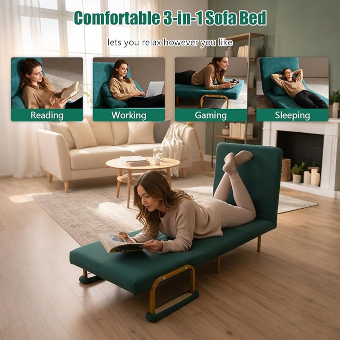 Convertible Sleeper Sofa Bed 3 in 1 Multi-Functional Sofa Chair Bed with 5 Position Adjustable Backrest Folding Sofa Bed Floor Single Chairs Fold Out Chair Beds for Living Room (Green)