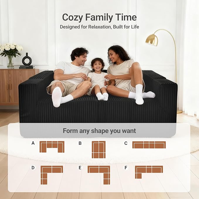 Claiks 128 Modular U Shaped Sectional Couch Deep Seat Bonless Couches for Living Room Modern Couch with 6 Pillows No Assembly Required Black