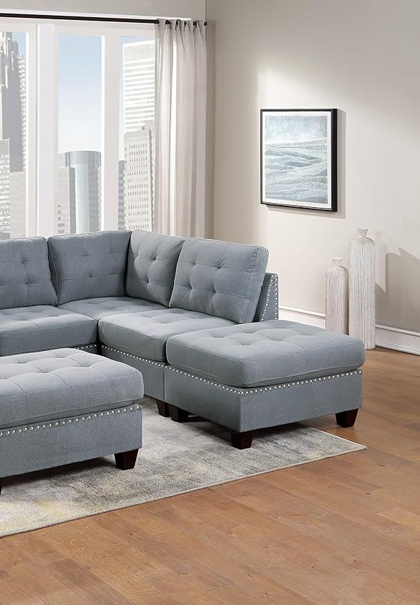 Living Room Furniture Tufted Armless Chair Grey Linen Like Fabric 1pc Armless Chair Cushion Nail Heads Wooden Legs