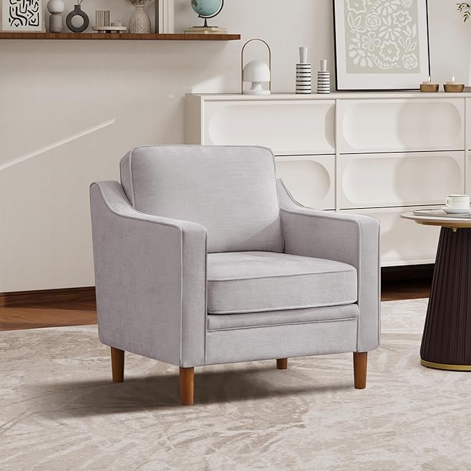 Kingfun Accent Chair Living Room Chairs Mid Century Reading Armchair Chenille with Solid Wood Foot Upholstered Modern Decor for Bedroom Apartment Silver Gray