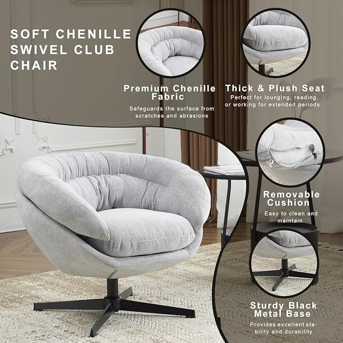 Modern Chenille Office Chair 360° Swivel Club Chair/Accent Chair with Removable Cushion Round Office Chair Black Metal Base Cotton Material Living Room Bedroom Reading Corner (Gray)