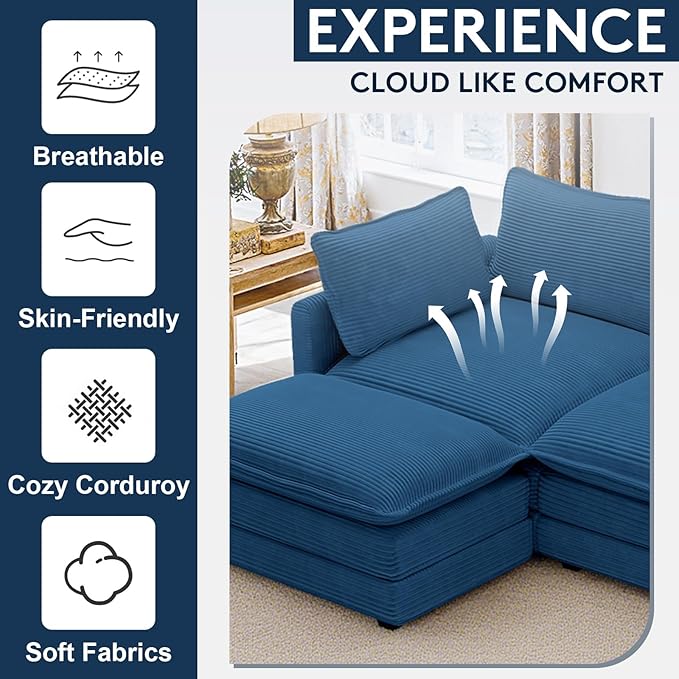 112 L Shaped Couch Modern Modular Sectional Sofa with Movable Ottoman 4-Seater Comfy Cloud Couch with Corduroy Deep Seat and Pillow for Living Room Bedroom and Apartment Blue
