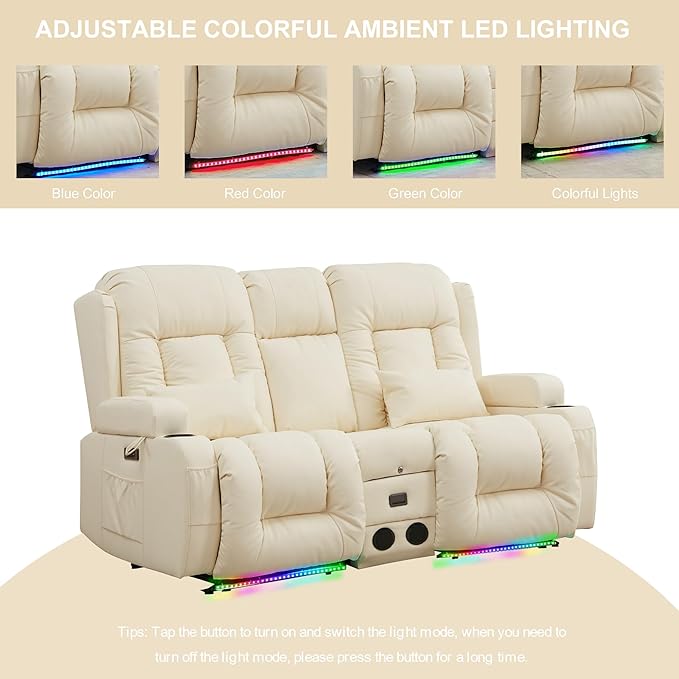 TUNYI Power Loveseat Recliner Sofa with Massage &amp Heat Home Theater Seating with Console RV Recliner Loveseat Sofa with USB/Storage/Side Pocket/LED Light/Speaker (Cream White Loveseat)